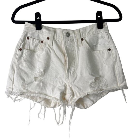 Levis Premium 501 Button Fly White Distressed Denim Cotton Shorts W24 - Picture 1 of 10